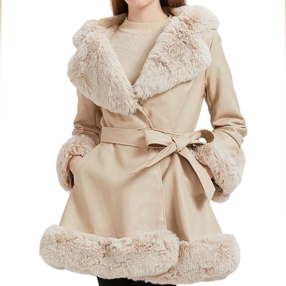 Women's Winter Faux Leather coat with belt and  fur hood. MISSING BELT